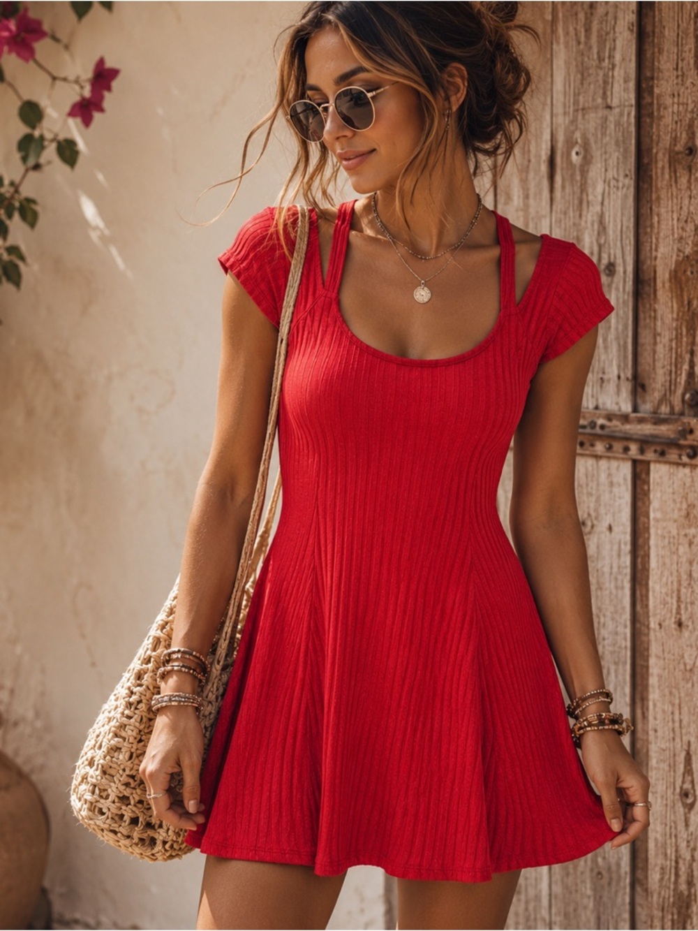 silence + noise Red Ribbed Scoop-Neck Mini Dress